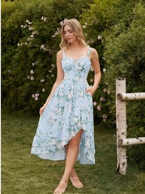 Light Blue Floral High-Low Sundress with Adjustable Straps